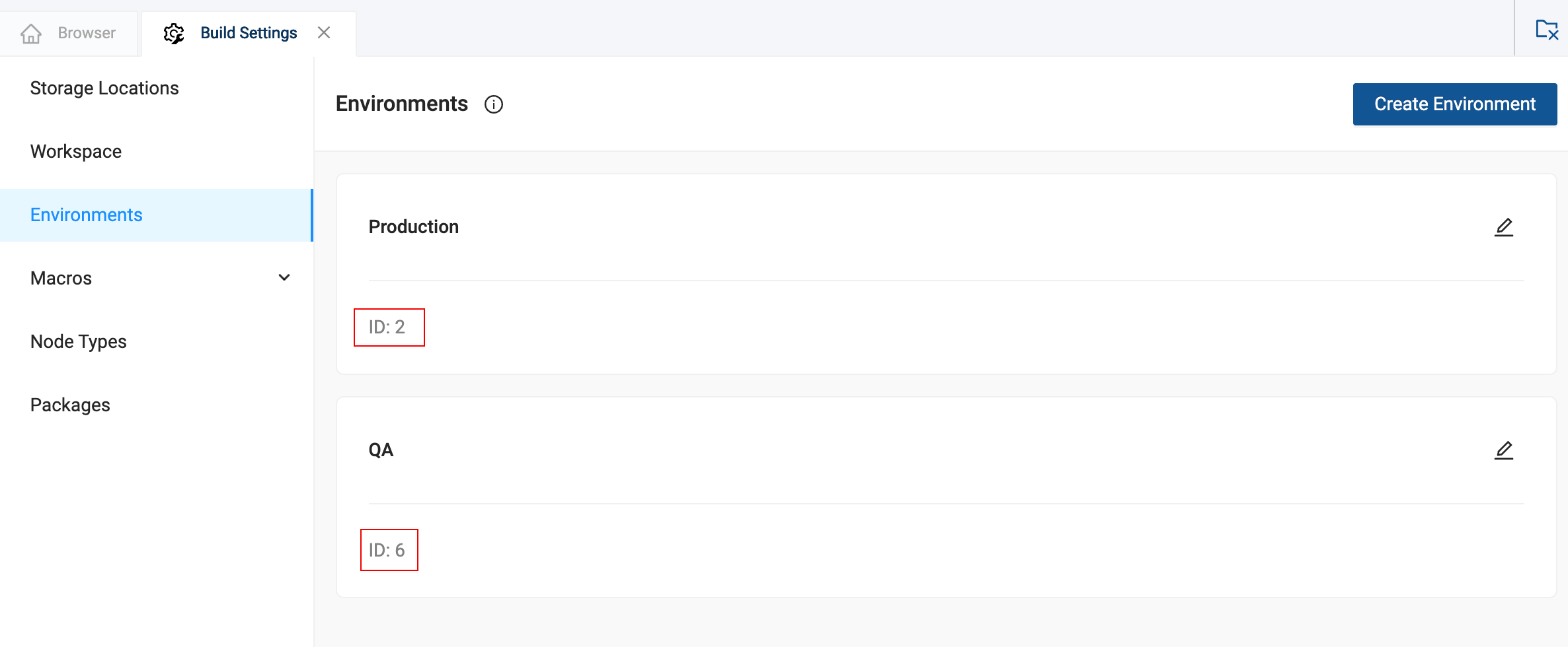 Environments section under Build Settings in a Coalesce interface. It lists two environments, Production with ID 2 and QA with ID 6, along with a button to create a new environment.